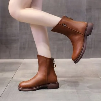 Коричневые короткие сапоги, женские полусапожки с V-образным вырезом, винтажные ботинки Челси, французские короткие ботинки, ботильоны, весенние и осенние однотонные ботинки