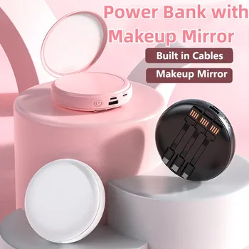 Косметическое зеркало емкостью 20000 мАч Power Bank для iPhone 14 Samsung Xiaomi Huawei Mini Powerbank Портативное зарядное устройство Встроенный кабель Poverbank