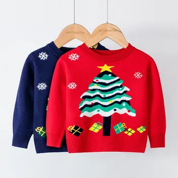 Костюм для вечеринки в честь Рождественской елки для мальчиков, Зимний теплый вязаный свитер для девочек, детские толстовки с принтом Санта-Клауса и снега, одежда