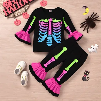 Костюмы на Хэллоуин для малышей, одежда для мальчиков и девочек, топы с длинными рукавами и принтом скелета, Комплект брюк, наряды
