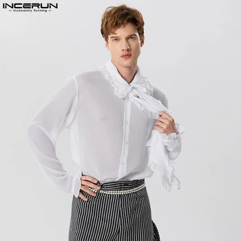 Красивые, хорошо сидящие топы INCERUN Для мужчин, Шифоновая рубашка с микро-прозрачным кружевом, повседневная стильная Тонкая блузка с длинными рукавами S-5XL