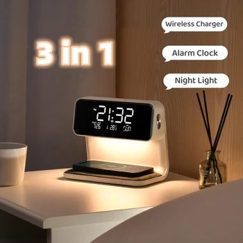 Креативная прикроватная лампа 3 В 1, беспроводная зарядка, будильник с ЖК-экраном, беспроводное зарядное устройство для телефона для Iphone