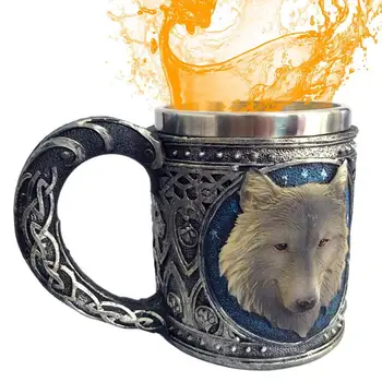 Кружка Волка из нержавеющей стали, Металлическая чашка, Кружка Волка, Средневековые чашки для воды, Декор Лесного волка, Термоизолированная 3D-смола, Голова волка с двойными стенками