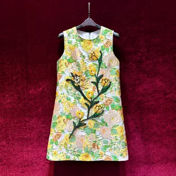 Летнее дизайнерское винтажное платье для подиума 2023, Женское Свободное элегантное мини-платье с круглым вырезом и блестками