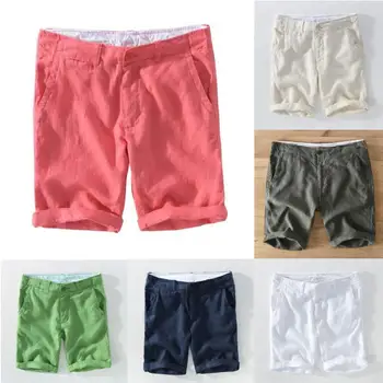 Летние Новые мужские однотонные прямые шорты, свободные повседневные льняные 100% модные пляжные джоггеры для бега трусцой, уличная одежда Homme