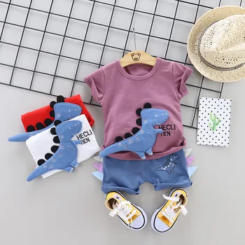 Летний комплект одежды для маленьких мальчиков, детская одежда для мальчиков от 12 до 18 месяцев, футболки с короткими рукавами и шорты с динозавром из мультфильма, костюмы