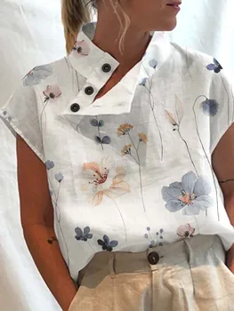 Летняя блузка Женские топы Винтажный цветочный принт, короткий рукав, белые блузки, повседневные блузки с разрезом на пуговицах и воротником-стойкой