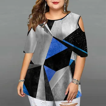 Летняя женская мода 2023 года, футболка с круглым вырезом и открытыми плечами, короткий рукав, пуловер с 3D геометрическим принтом, повседневный уличный женский топ