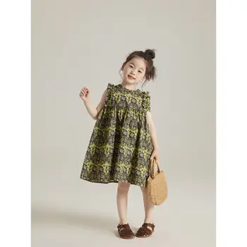Летняя милая юбка трапециевидной формы для девочек, милое платье принцессы без рукавов с зеленым цветком, одежда для маленьких детей, одежда для детей 2-8 лет