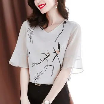 Летняя модная шифоновая футболка с V-образным вырезом и коротким рукавом с оборками, женская повседневная свободная блузка с принтом, женская одежда, универсальная футболка
