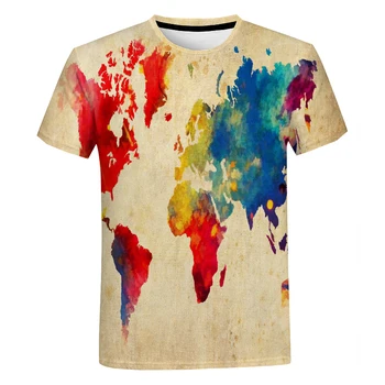 Летняя Новая мужская футболка с 3D-принтом Карты мира в стиле Харадзюку, круглый вырез, Короткий рукав, Модный повседневный уличный топ большого размера