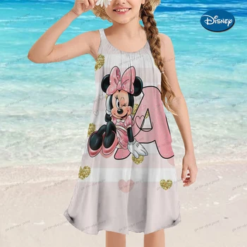 Летняя одежда для девочек, детская мода, платье на бретелях с принтом Микки Мауса, без рукавов, праздничный стиль, пляжное платье от 3 до 16 лет