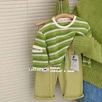 Летняя футболка в зеленую полоску для мальчиков, Корейский детский красивый пуловер, повседневный топ, осенняя одежда для мальчиков с длинными рукавами