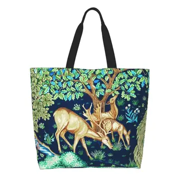 Многоразовая сумка для покупок с лесными животными, оленем Уильяма Морриса, женская холщовая сумка через плечо, портативные сумки для покупок с продуктами