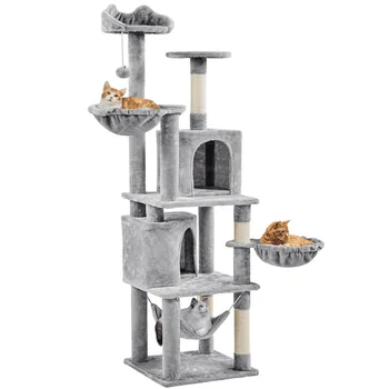 Многоуровневые башни из кошачьих деревьев с двойной квартирой для котят, светло-серый