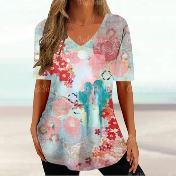 Модная женская футболка, Летние женские футболки, топ с V-образным вырезом, короткий рукав, цветочный Графический принт, пуловер оверсайз, Повседневная блузка