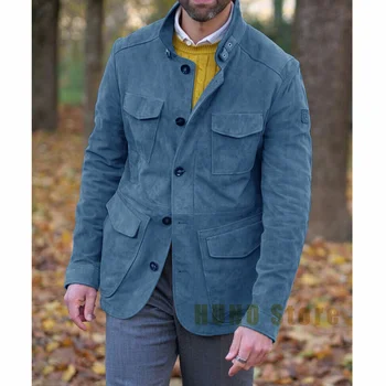 Модная замшевая мужская охотничья куртка с четырьмя карманами, повседневный тонкий однобортный мужской блейзер на открытом воздухе