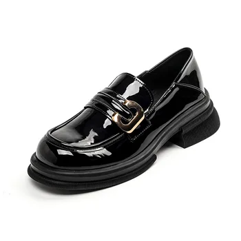 Модные повседневные лоферы с металлической пряжкой, весенние кожаные туфли на толстой подошве в стиле колледжа, женские винтажные туфли на толстом каблуке в британском стиле