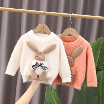 Модный милый детский свитер, зимний вязаный свитер с мультяшным кроликом, милая детская майка, свитер