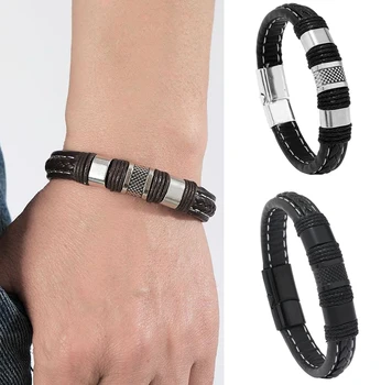 Модный плетеный мужской браслет, кожаный браслет, винтажный браслет из кожаного шнура в стиле Панк, ювелирные изделия с магнитной пряжкой