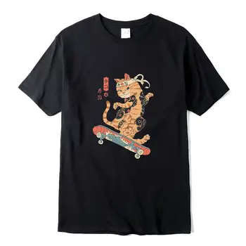 Мужская высококачественная футболка из 100% хлопка с забавным принтом кота на скейтборде, повседневная свободная футболка с коротким рукавом и круглым вырезом, футболки, топы