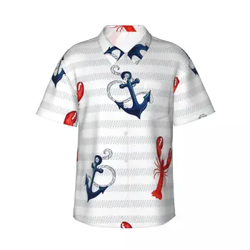 Мужская рубашка с короткими рукавами, футболки с изображением якоря в полоску с тропическим морским лобстером, футболки-поло, топы