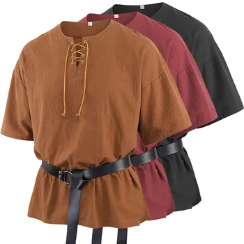 Мужская средневековая рубашка для косплея с коротким рукавом, Викторианский Ренессанс, готические футболки с V-образным вырезом на шнуровке, костюм пирата-хиппи