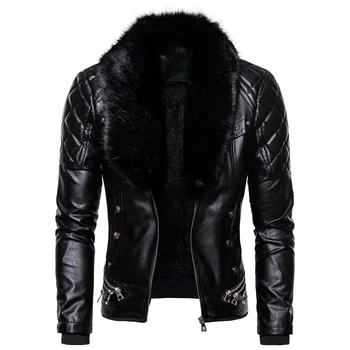 Мужская Черная куртка с воротником из искусственного меха и длинным рукавом, теплая уличная куртка из искусственной кожи большого размера, зимняя верхняя одежда из искусственной кожи, мотоциклетное пальто на молнии