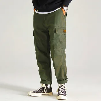 Мужские брюки-карго с несколькими карманами 2023, весенне-осенние повседневные армейские брюки в стиле милитари, однотонные мужские винтажные прямые брюки с широкими штанинами