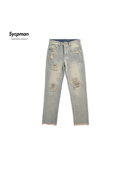 Мужские джинсы с прямыми штанинами в стиле ретро, потертые, застиранные, модные свободные повседневные брюки с широкими штанинами, уличная одежда на осень