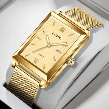 Мужские Кожаные часы с календарной датой, спорт и досуг, роскошные деловые кварцевые мужские часы с золотистой сеткой на ремешке из нержавеющей стали