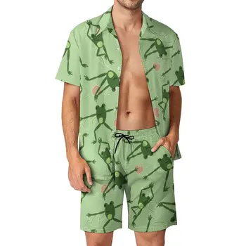 Мужские комплекты Frog с рисунком животного в виде сердца, повседневные шорты, летняя модная пляжная рубашка, комплект с короткими рукавами, костюм большого размера в подарок