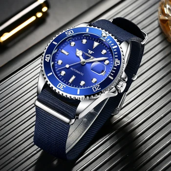Мужские механические часы марки FNGEEN Hot Blue с роскошным нейлоновым ремешком, автоматические часы с датой, мужские водонепроницаемые часы Relogio Masculino