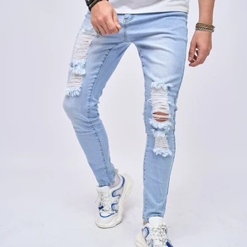 Мужские рваные байкерские узкие джинсы-карандаш в стиле хип-хоп, уличная одежда, мужские стрейчевые облегающие модные повседневные джинсовые брюки, синие брюки