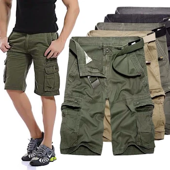 Мужские шорты-карго в стиле милитари, Летние хлопчатобумажные шорты армейского зеленого цвета, мужские свободные шорты с несколькими карманами, мужские повседневные брюки-бермуды Большого размера