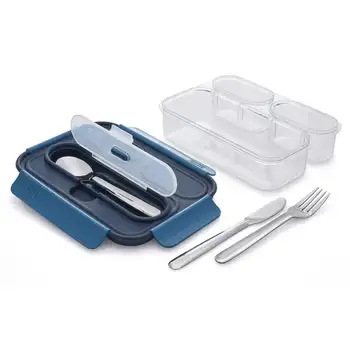 Набор Tritan Bento с 3 Отделениями и Посудой из нержавеющей стали синего цвета, Набор палочек для еды и ложек Set de cocina Fork Ланч-бокс для ки