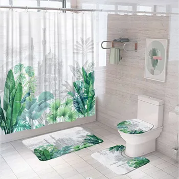 Набор занавесок для душа из тропических зеленых пальмовых листьев, Нескользящий коврик, крышка унитаза, коврик для ванны, Растительный замок, Полиэфирная ткань, декор для ванной комнаты