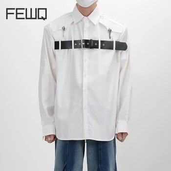 Наплечник FEWQ, рубашка с поясом, кардиган, рубашка с металлическими пуговицами, Длинный рукав, Осенние мужские топы 2023, однобортная мода 24X1481