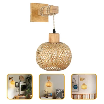 Настенный светильник-бра в деревенском стиле, Внутреннее освещение для ванной комнаты, Лампа из ротанга, Деревянное крепление для фермерского дома