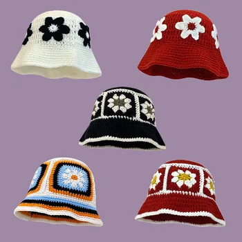 Новая корейская панама ручной работы, осенняя новая вязаная шапка, женская вязаная шапка Y2k, модные цветы, Зимние шапочки, Рыбацкая шапка