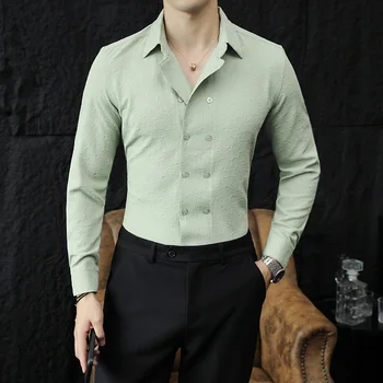 Новейшая двубортная жаккардовая приталенная рубашка с длинными рукавами для мужчин, мужская осенняя деловая повседневная рубашка, мужская одежда, модные рубашки