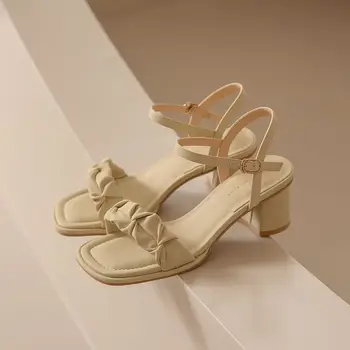 Новейшая летняя обувь на среднем каблуке, Однотонные Сандалии De Mujer Verano 2023, Женские босоножки в лаконичном стиле, плиссированный дизайн, Chaussure Femmes