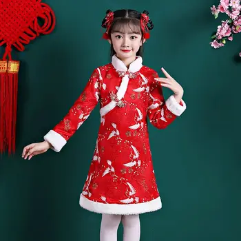 Новое платье одежда Hanfu Рождественское платье от 3 до 12 лет детское платье принцессы зимнее бархатное мягкое красное длинное платье чонсам Новогоднее платье
