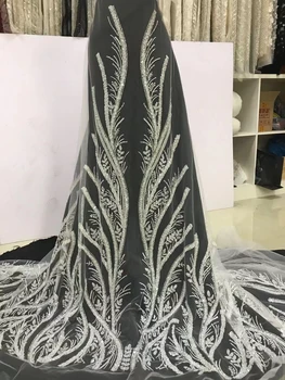 Новое поступление 5Y, Уникальная французская мода, Высококачественная Сетчатая кружевная ткань с белыми бисерными пайетками, ткань для вечернего свадебного платья