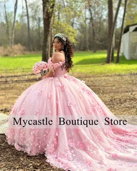 Новое Розовое Кружевное Бальное платье Quinceanera Dresses 2023, Расшитое бисером, С 3D Цветочными аппликациями, Милое Платье 16, Платье на День Рождения, Vestidos De 15 Años