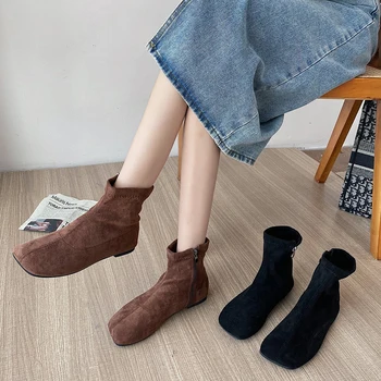 Новые ботильоны Женская обувь Модные замшевые ботинки с квадратным носком на плоской подошве botas feminina