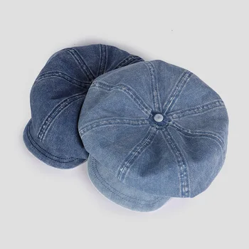 НОВЫЕ осенние шляпы для женщин из выстиранной джинсовой ткани восьмиугольная шляпа 2023 модная и универсальная художественная шляпа художника, кепка газетчика
