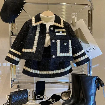 Новый твидовый комплект из 2 предметов для девочек, зимний костюм, детская одежда, куртка с хлопковой подкладкой, пальто + юбка, классические наряды для детей, детская одежда