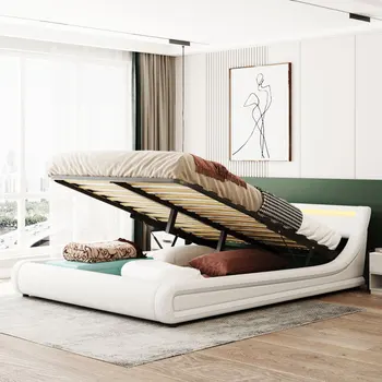 Обитая искусственной кожей кровать-платформа с гидравлической системой хранения, со светодиодной подсветкой, изголовье, каркас кровати с планками размера Queen Size
