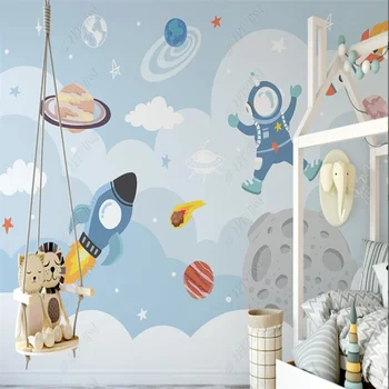 Обои в скандинавском свежем стиле, мультяшная красочная космическая планета, 3D фреска, ракета-космонавт, обои для украшения детской комнаты